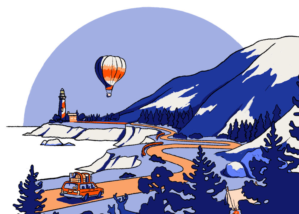 A car traveling along an alpine scenic highway with a hot air ballon and lighthouse in the distance.