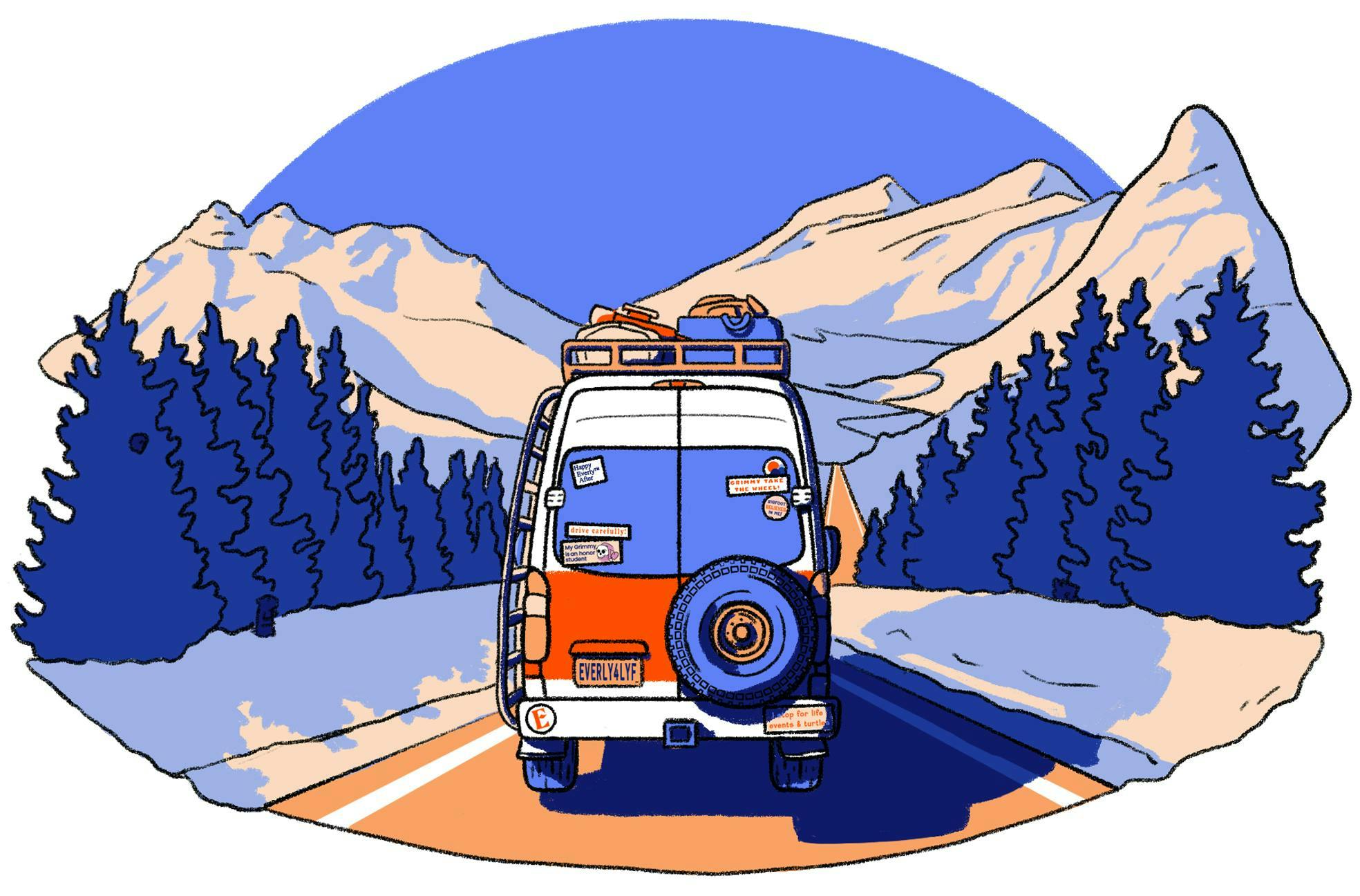Camping van driving towards a horizon on an alpine highway.