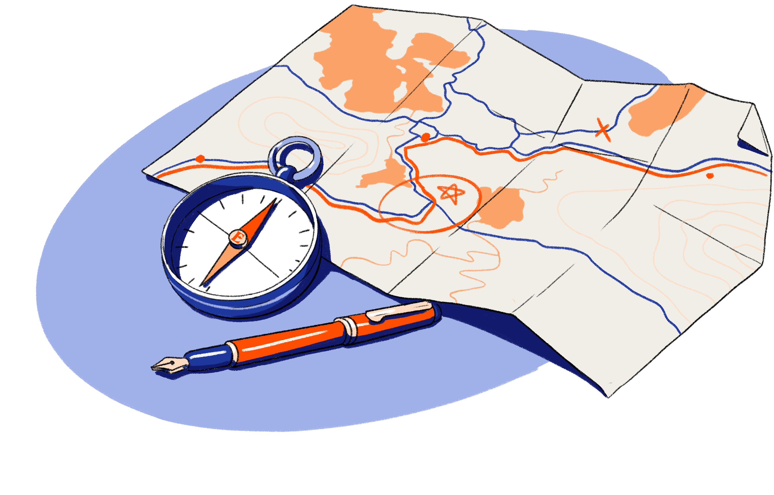 Image of map, compass, and pen charting a path.
