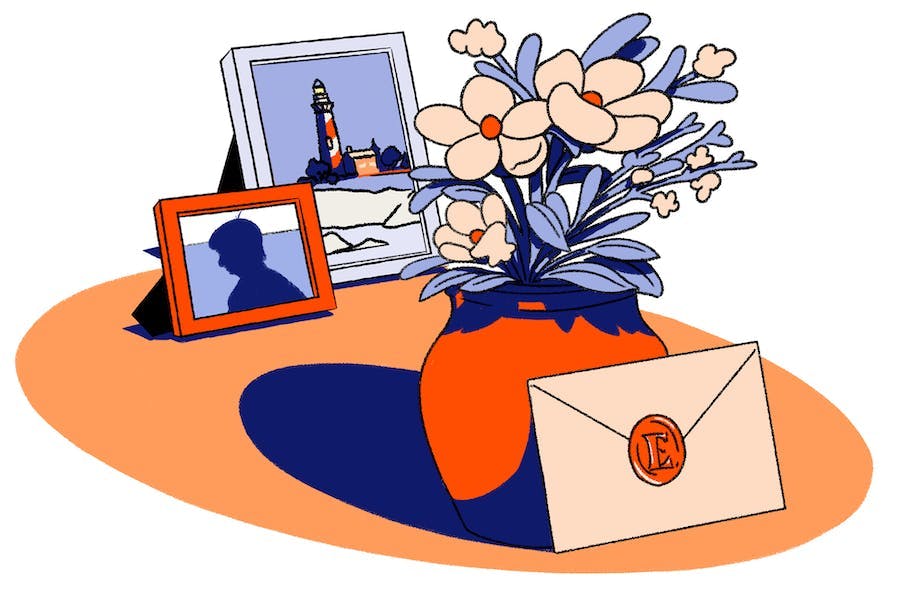 Greeting card and a vase of flowers, with memorable photos in the background.