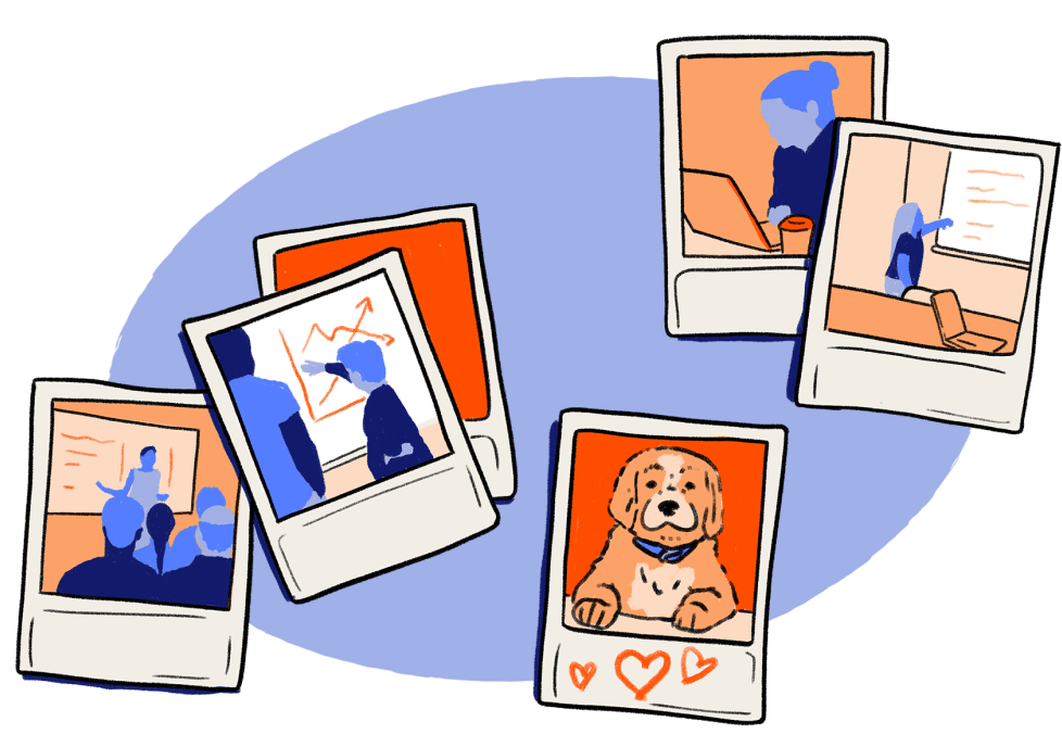 illustration of 1 polaroid of a dog and 5 polaroids of different folks working