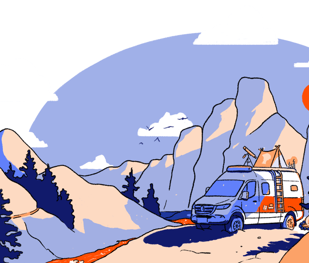 Camping in a traveling van at sunrise with a backdrop of scenic mountains and a river 