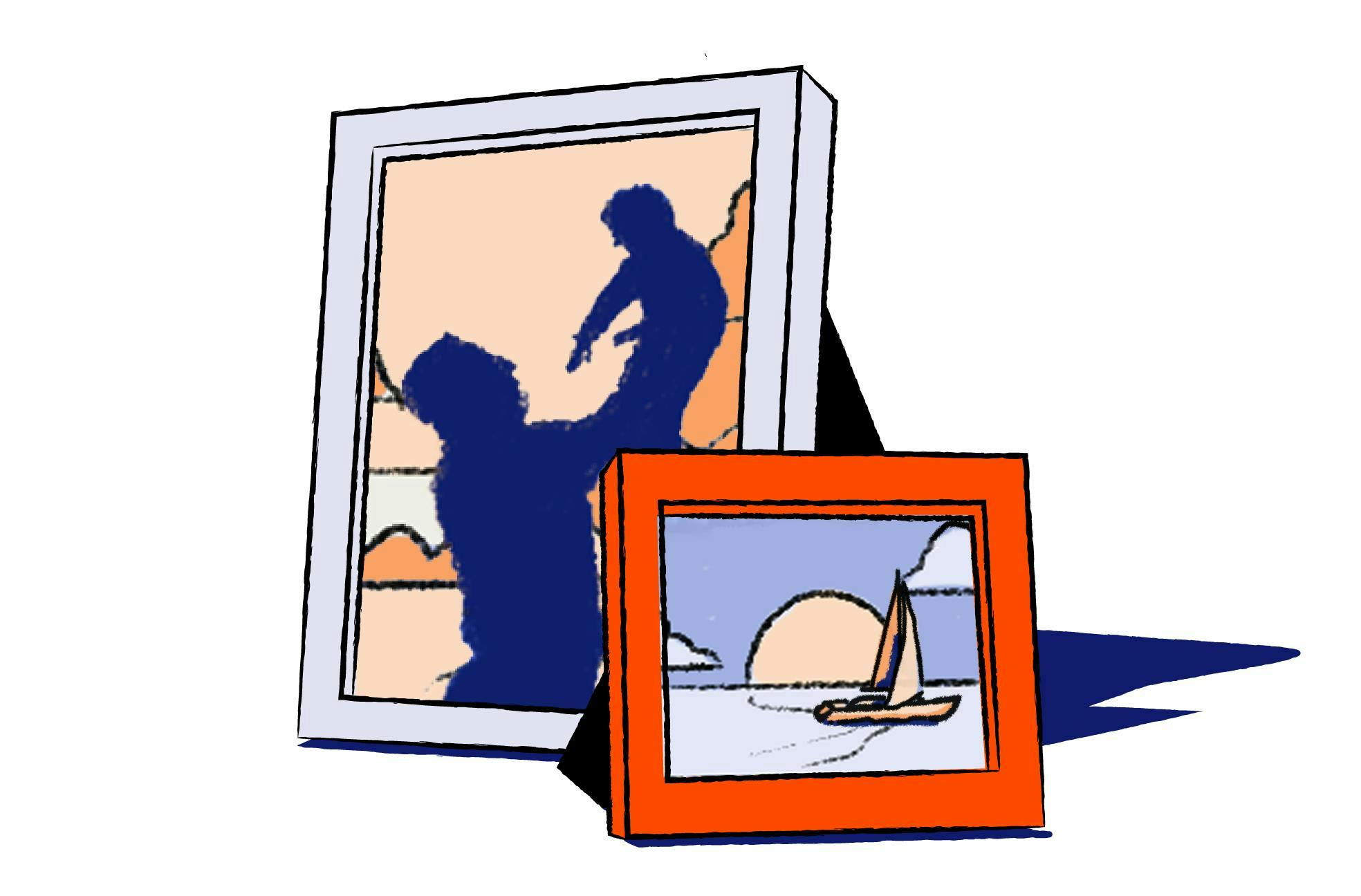 Framed photos grouped together showing a family and a sailboat at sunset.
